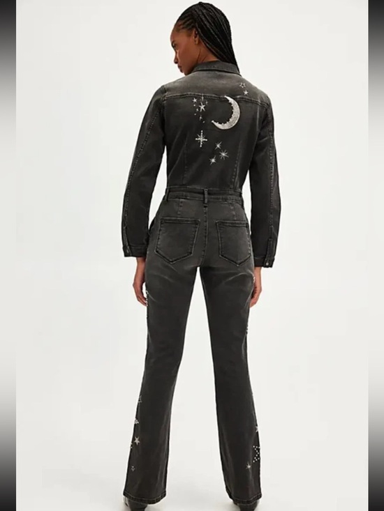 DRIFTWOOD Pants - Drfitwood Celestial Jeweled Jumpsuit Womens Small Black Kick Flare Long Sleeve